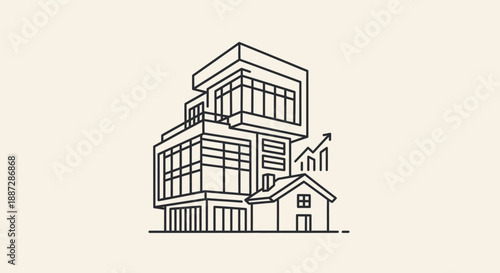 Modern multi-story building, residential house, and upward growth graph. Real estate investment and property development line art.
