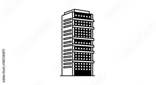 Modern Multi-Story Building Line Art Illustration. Tall Urban Skyscraper Outline for Business, Residential, and Cityscape Design.