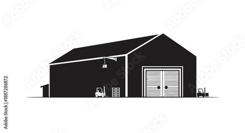 Industrial warehouse building vector illustration with loading bay, forklifts, and pallets. Storage facility icon graphic design.