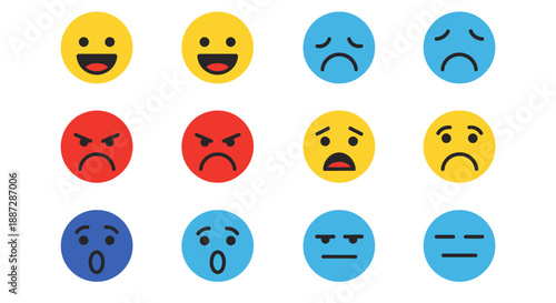Set of diverse emotion faces showing happiness, sadness, anger, and surprise, perfect for mood indicators and feedback.