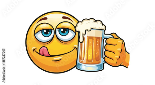 Drunk Smiley Face Emoji Enjoying a Frothy Beer Mug Celebration