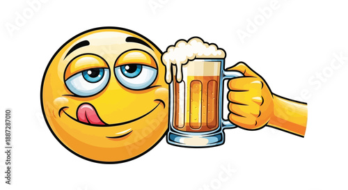 Tipsy Emoji Enjoying a Beer Mug with Foam, Drunk Face and Tongue Out