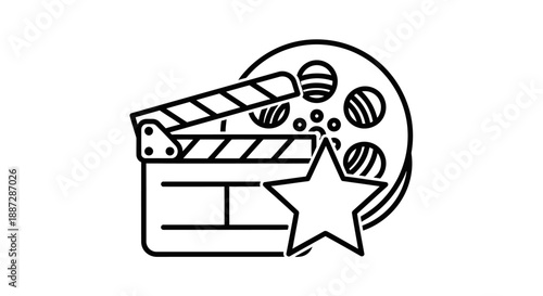 Cinema and Film Production Line Art Icon with Clapperboard, Film Reel, and Star. Movie Industry Entertainment Vector Graphic.