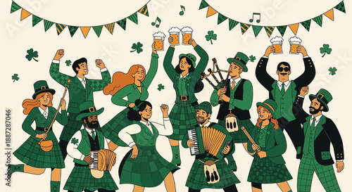 Irish People Celebrating St. Patrick's Day with Music, Dancing and Beer