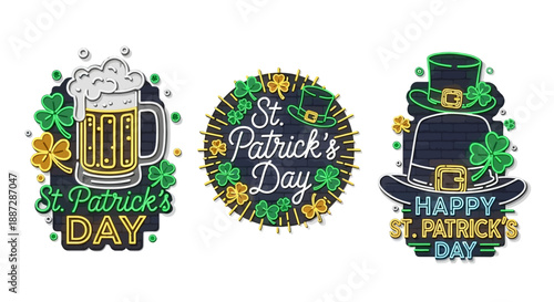 Set of St. Patrick's Day Neon Signs with Beer, Hat, and Shamrocks Vector Art