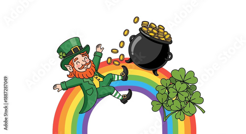 Leprechaun Sliding Down Rainbow with Pot of Gold and Four Leaf Clovers