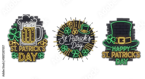 Set of vibrant St. Patrick's Day neon signs with beer, hat, and shamrocks