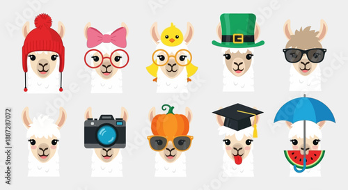 Cute and Whimsical Llama Faces with Fun Accessories and Outfits Vector