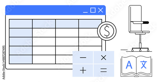 Business management, financial analysis, education, workplace strategy, accounting tools, multilingual content. Spreadsheet window, dollar symbol calculator chair open book. Financial analysis