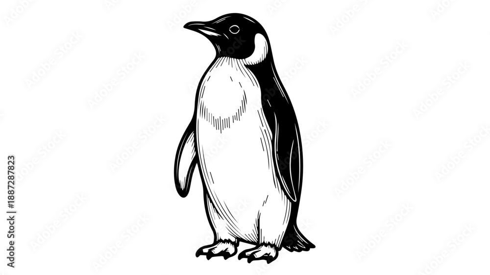 Fototapeta premium Black and white illustration of a penguin standing upright with a cross-hatched texture