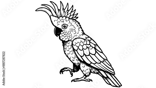 Black and white line drawing of a majestic cockatoo in an upright pose