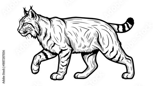 Black and white line drawing of a lynx in mid-stride