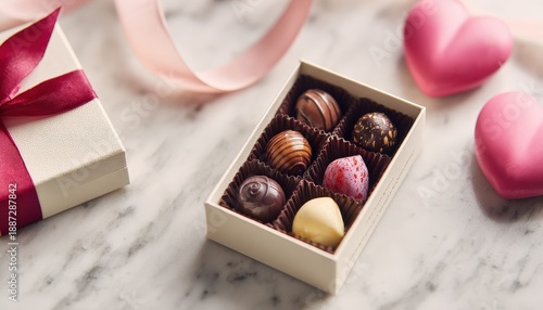 Elegant box of assorted gourmet chocolates rests near pink hearts and satin ribbon on marble surface