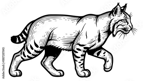 Black and white illustration of a bobcat in mid-stride with detailed linework and shading