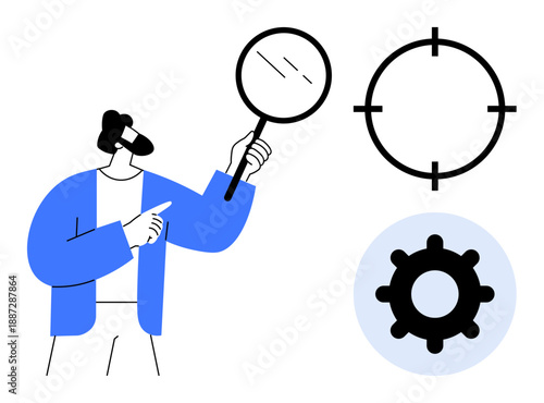 Business analysis. A person with a magnifying glass highlighting a target and gear symbol. Business analysis improves strategy, focuses on goals, and enhances efficiency. Ideal for marketing