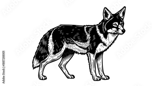Black and white illustration of a fox in a poised stance