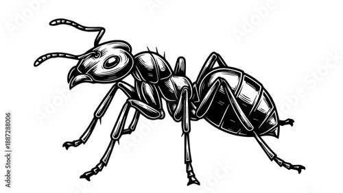 High-contrast black-and-white illustration of a detailed ant in a three-quarter view