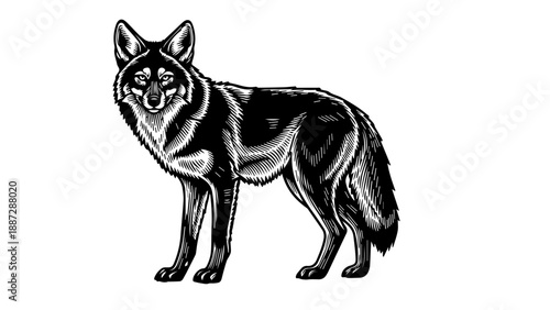 Black and white illustration of a wolf with detailed fur texture and alert expression