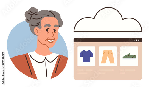 Online shopping, technology usage by seniors, e-commerce adoption, digital inclusion, accessibility, cloud storage solutions. Elderly woman beside a cloud image with an online storefront. Online