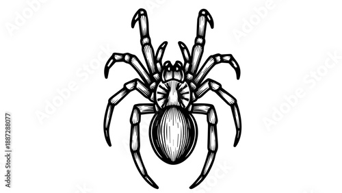 Black and white line drawing of a spider with detailed texture and structure