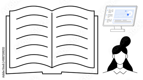 Education, online learning, digital content, study resources, remote training, e-learning. Open book, computer screen female figure in black-and-white style. Education and online learning concept