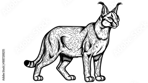 Black and white illustration of a Siamese cat in a poised stance