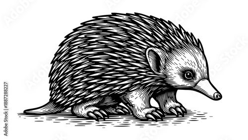 Black and white illustration of an echidna walking on all fours