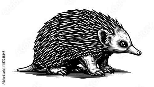 Black and white illustration of an echidna walking on all fours