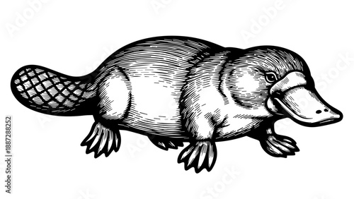 Black and white illustration of a platypus in side profile with anatomical details