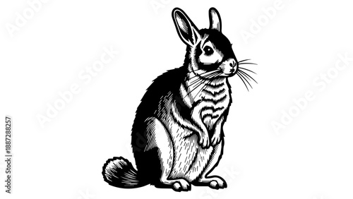 Black and white illustration of a seated rabbit with detailed fur texture and shading