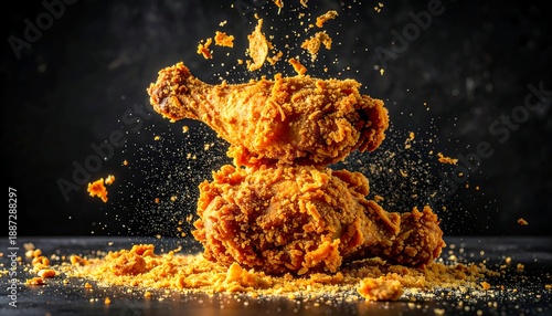 Close-up of crispy chicken coating with flakes falling in frozen action, dramatic dark moody background, emphasizing crunch, texture, and dynamic food motion.