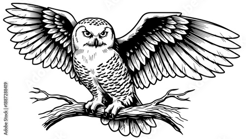 Black and white illustration of an owl with wings extended perched on a branch