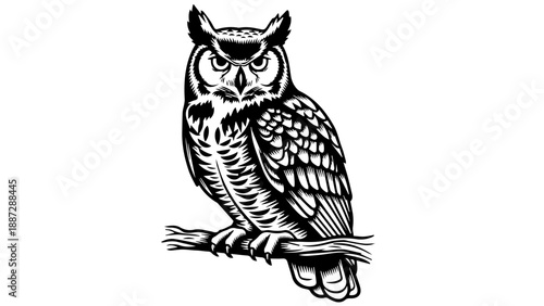 Black and white illustration of an owl perched on a branch