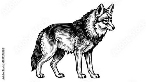Black and white illustration of a wolf in a three-quarter profile with detailed fur texture