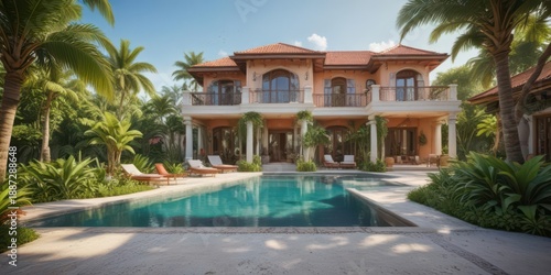 Wallpaper Mural Panoramic FPV shot of luxurious villa in tropical garden,  relaxation,  sunlight,  paradise Torontodigital.ca