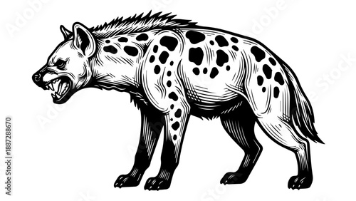 Black and white illustration of a hyena in mid-stride with a solid background