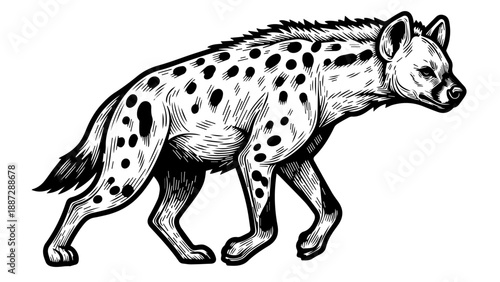 Black and white illustration of a solitary hyena in mid-stride