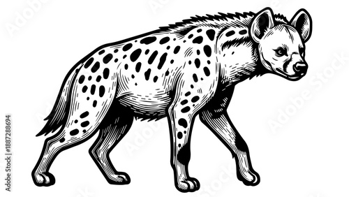 Black and white illustration of a solitary hyena in mid-stride