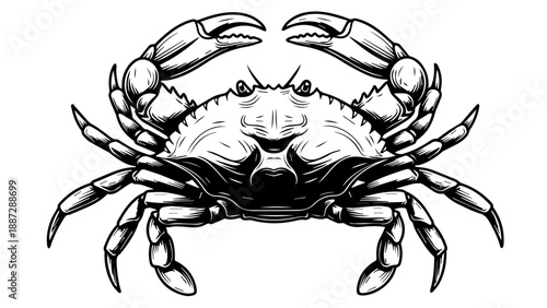 Black and white illustration of a crab with detailed anatomical structure