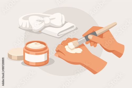 Skincare routine with moisturizing cream, brush, and headband