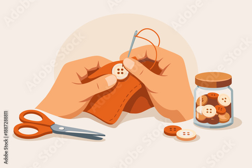 Sewing button on fabric with scissors and jar of buttons