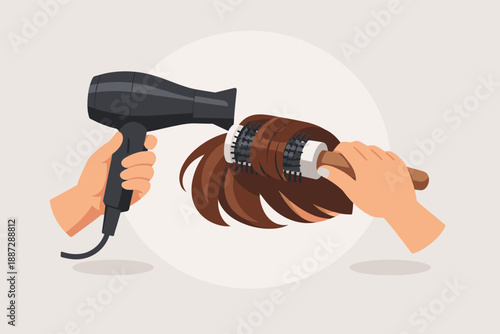 Hair styling: blow dryer and round brush technique for voluminous locks