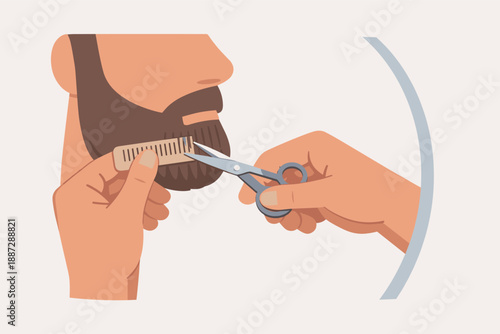 Illustration of beard trimming with comb and scissors on bearded male