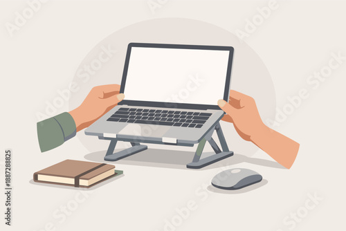 Hands adjusting laptop on stand with notebook and mouse on desk