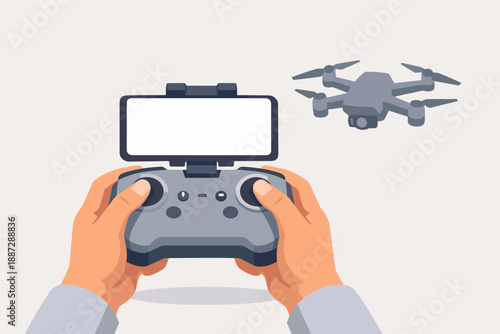 Hands operating drone controller with smartphone and flying drone in background