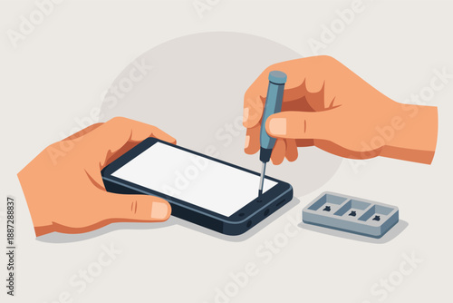 Repairing smartphone with precision screwdriver and small parts tray
