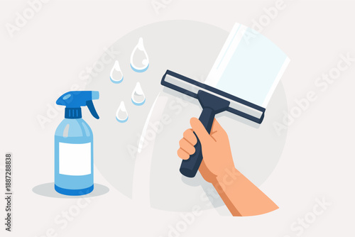 Hand cleaning window with squeegee and spray bottle illustration
