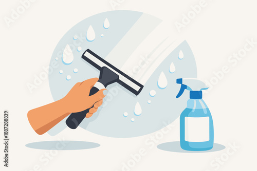 Hand cleaning window with squeegee and spray bottle illustration