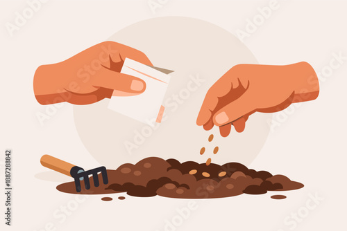 Hands planting seeds in soil with gardening tools illustration