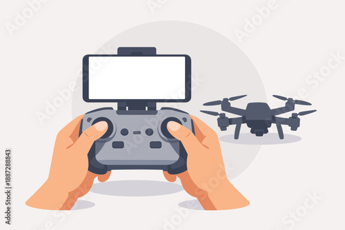 Hands operating drone remote control with smartphone display